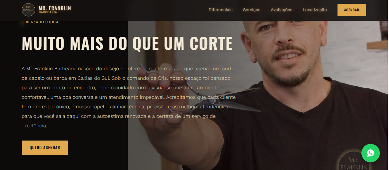 Site institucional criado pela Wert para a Mr. Franklin Barbearia, com foco em geração de agendamentos